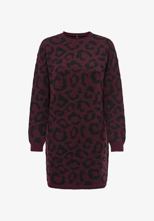Robe pull à manches longues avec motif léopard bordeaux et noir, encolure ronde, poignets et ourlet côtelés.
