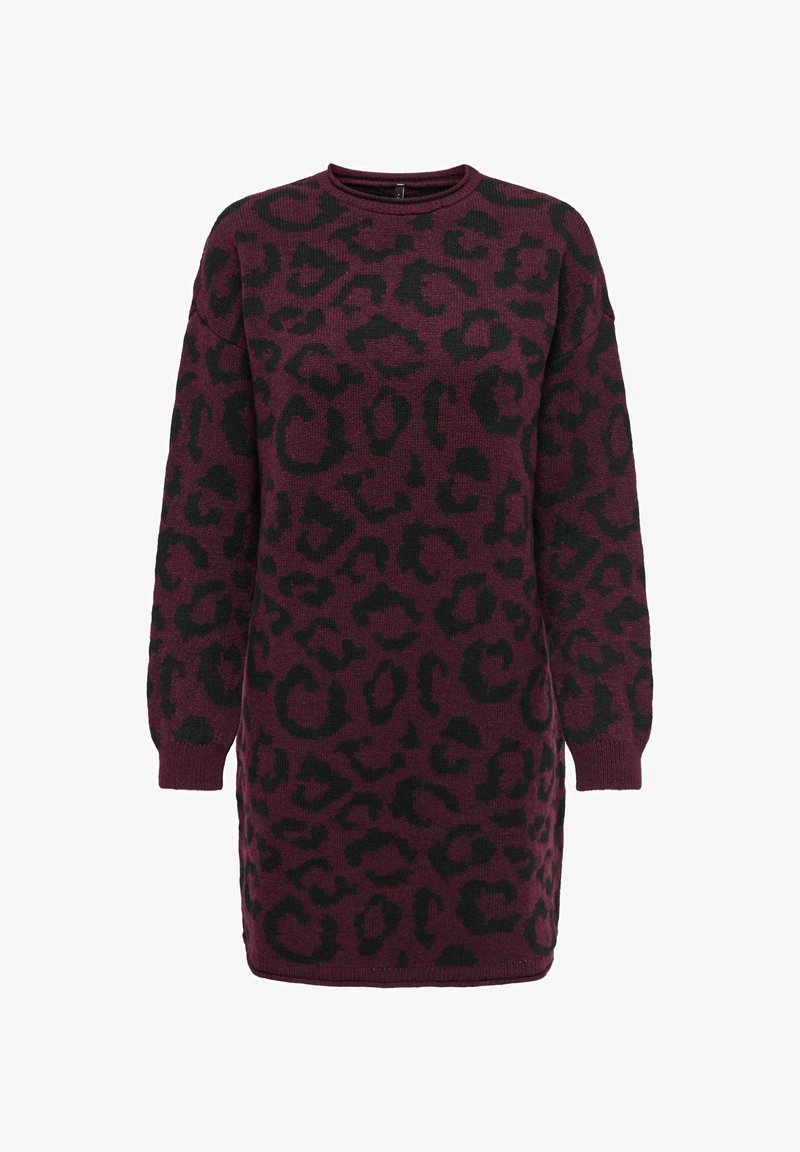 Robe pull à manches longues avec motif léopard bordeaux et noir, encolure ronde, poignets et ourlet côtelés.