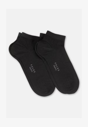 Two pairs of black ankle socks with "FALKE HAPPY" printed in white on the sole area, on a white background.