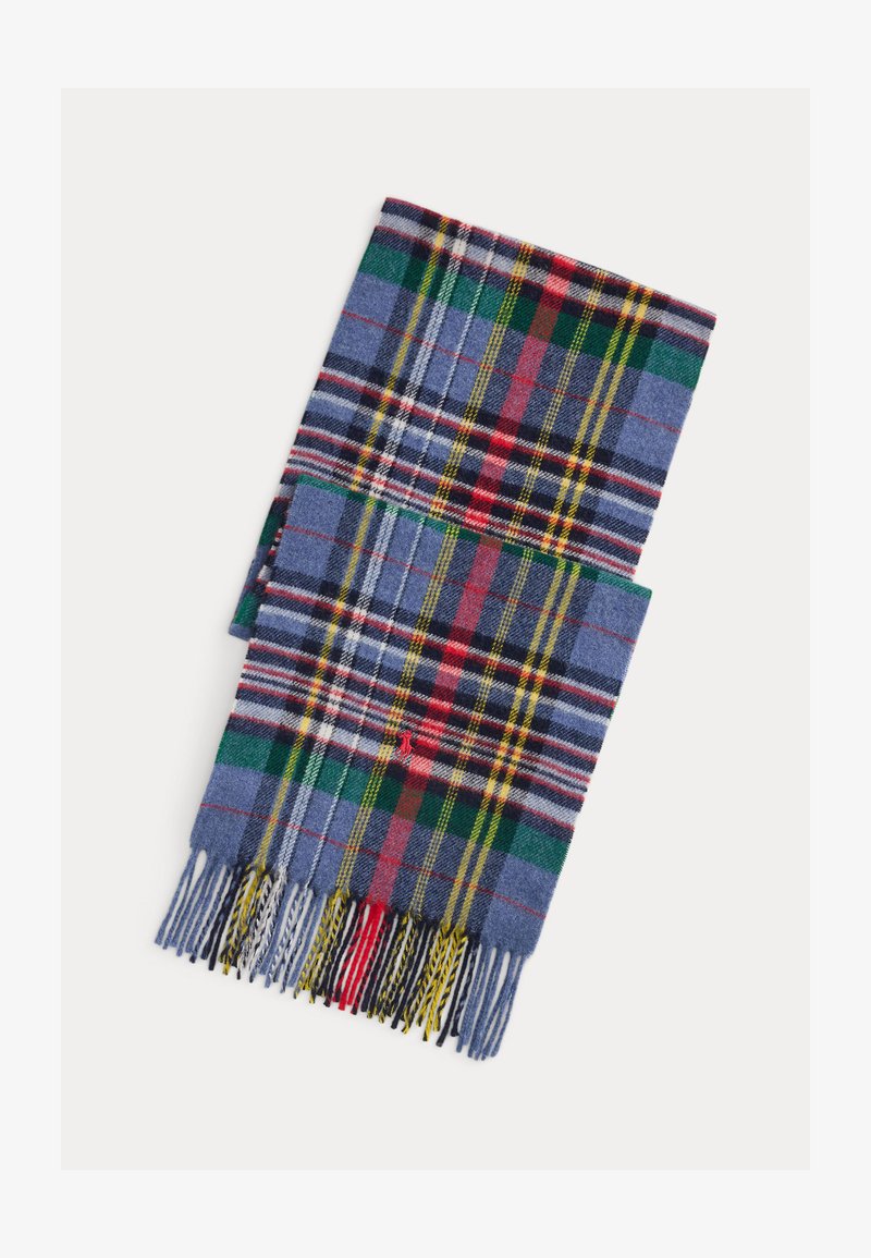 Cachecol de padrão xadrez com padrões em azul, verde, vermelho e amarelo, textura macia e franjas em cada extremidade.