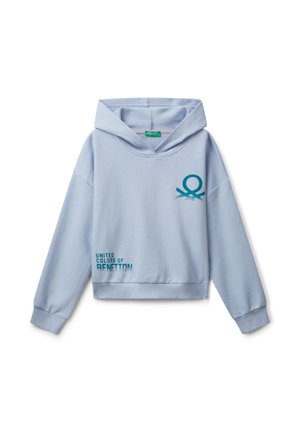 Hellblauer Kapuzenpullover mit langen Ärmeln, gerippten Bündchen und dem Aufdruck "United Colors of Benetton" sowie dem Logo auf der Vorderseite.