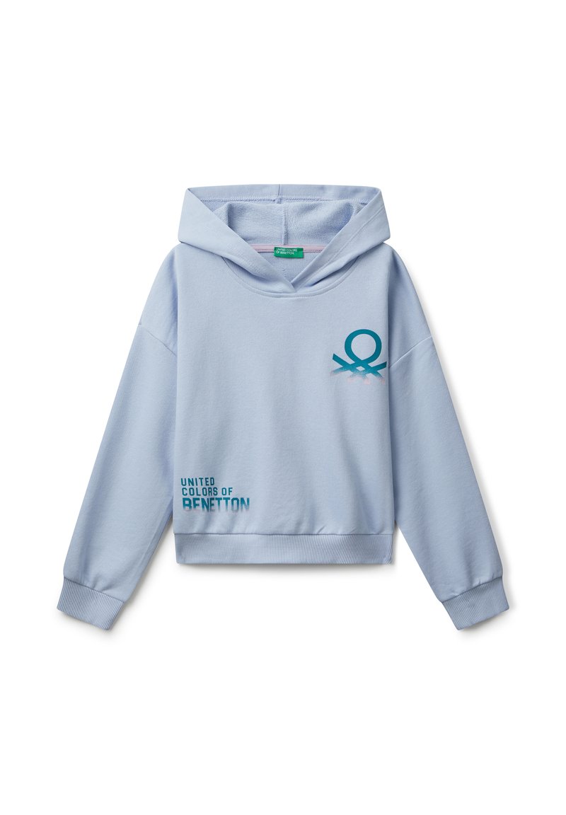 Felpa con cappuccio azzurro chiaro, maniche lunghe, polsini a coste e stampa con testo e logo "United Colors of Benetton" sul davanti.