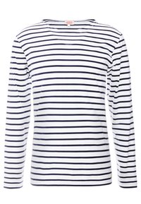 Maglietta a maniche lunghe con righe orizzontali blu navy e bianche. Realizzata in morbido cotone, presenta un colletto rotondo e una vestibilità comoda.
