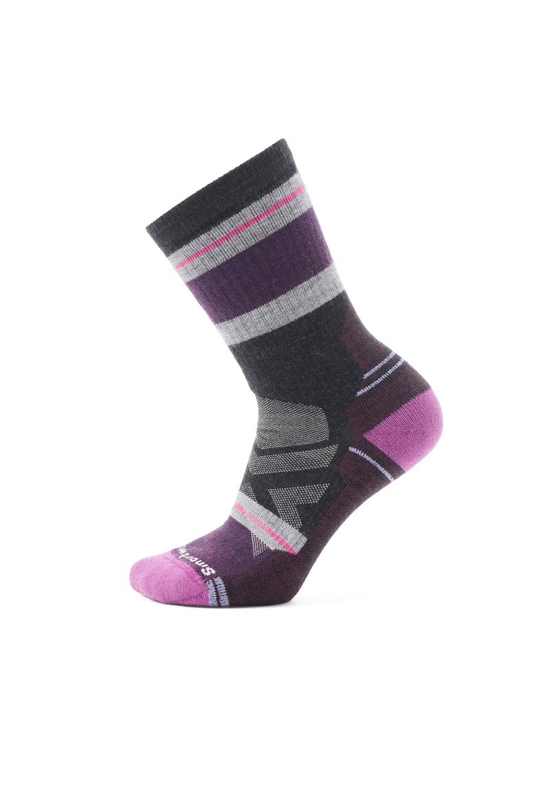 Wool sock featuring a dark gray base with purple, pink, and gray stripes; includes geometric patterns and a reinforced pink toe.