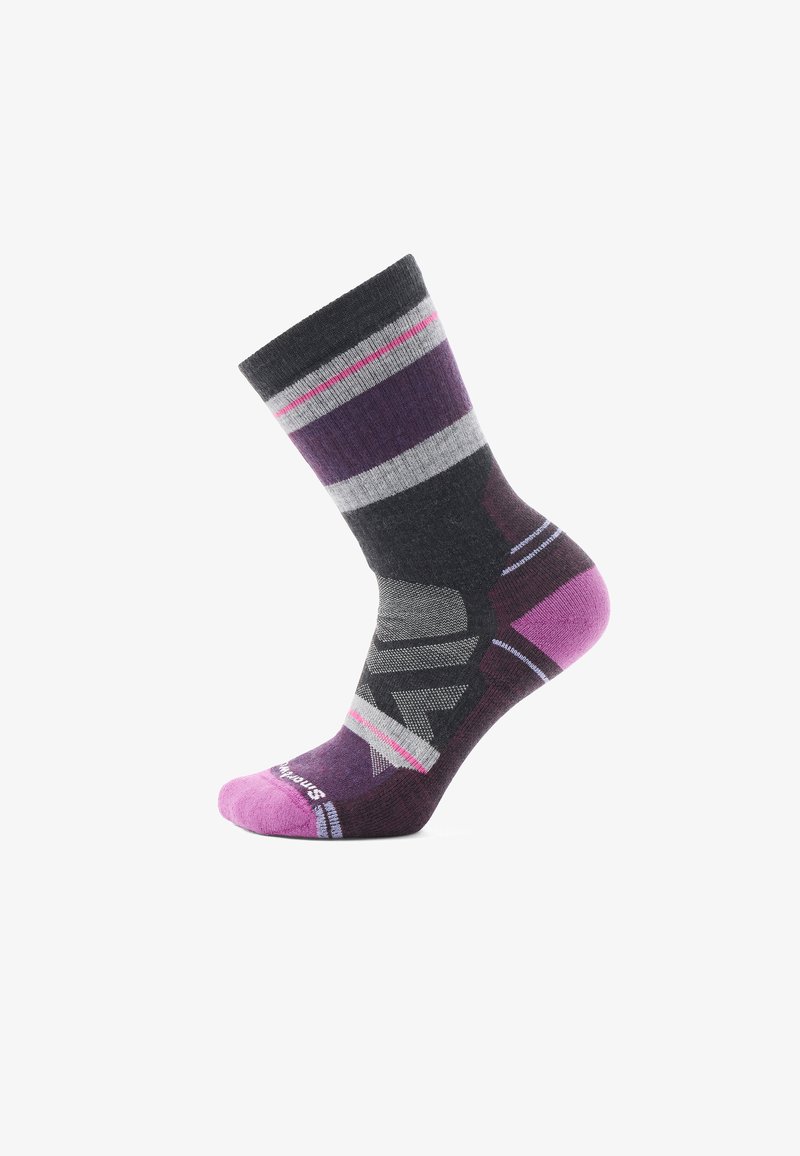 Wool sock featuring a dark gray base with purple, pink, and gray stripes; includes geometric patterns and a reinforced pink toe.