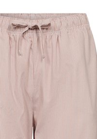 Lyserøde stribede bukser med elastisk talje, snøre og blødt stof. Lodrette linjer giver en subtil tekstur.