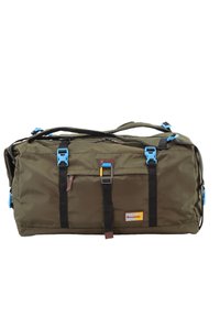 Olive green duffel bag with blue buckles, black straps, and a front pocket. Features a logo patch and top zipper closure. Durable fabric.