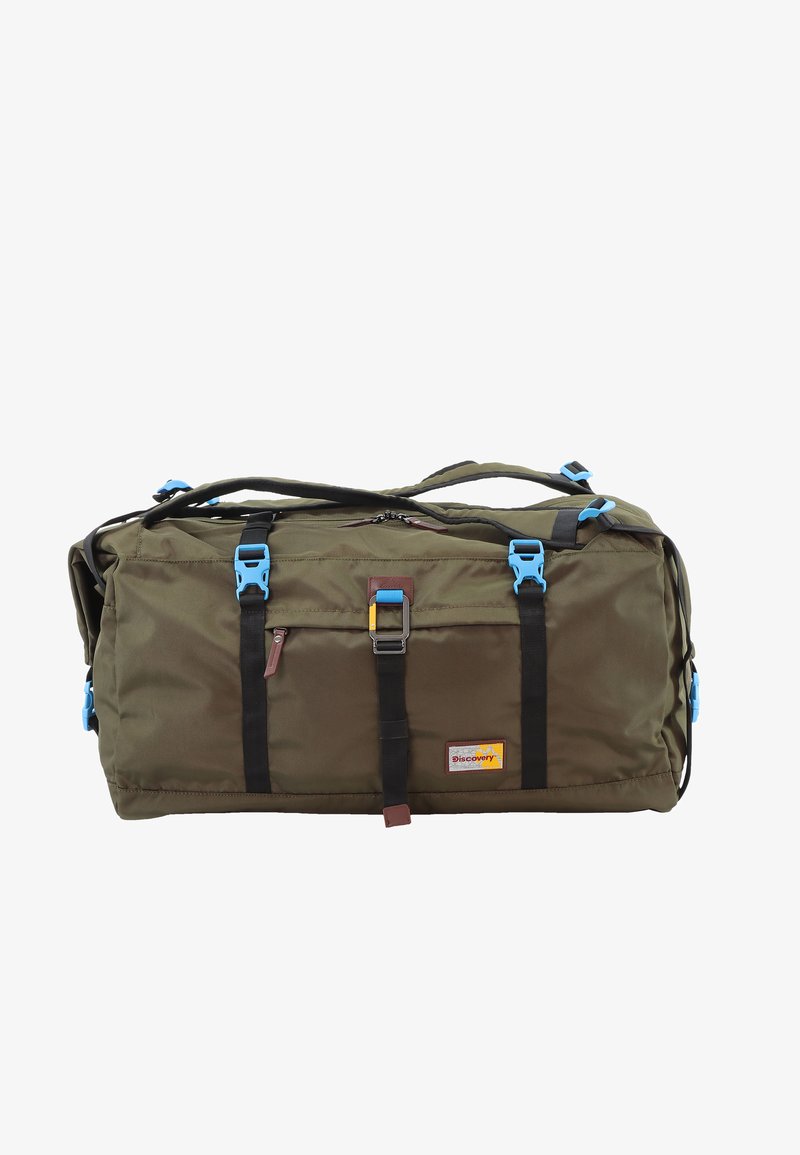 Olive green duffel bag with blue buckles, black straps, and a front pocket. Features a logo patch and top zipper closure. Durable fabric.