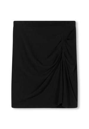 Mini gonna nera realizzata in tessuto morbido, con un design arricciato su un lato e una vita elastica per garantire comfort.