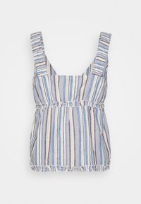 Top de tiras listrado em azul, branco e rosa. Apresenta alças largas, um corpete ajustado e uma bainha com babados na cintura. Feito de tecido leve.