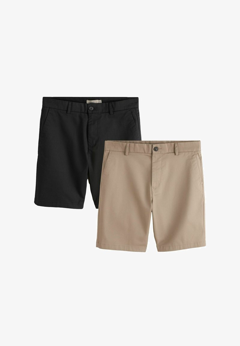 Deux paires de shorts décontractés pour hommes, un noir et un beige, tous deux avec des passants pour ceinture, des boutons à l'avant et des poches latérales.