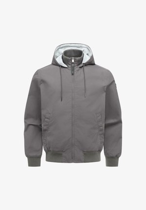 Grijze capuchonjas met ritssluiting aan de voorkant, geribbelde boorden en zoom, trekkoorden aan de capuchon en twee zijzakken, weergegeven op een witte achtergrond.