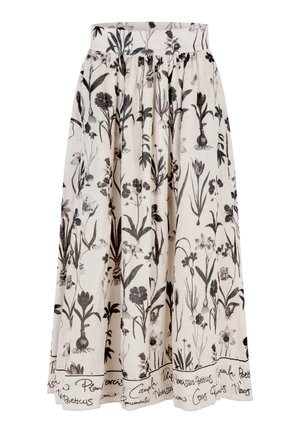 Rok met bloemenpatroon in crèmekleurige stof; met zwarte botanische prints en een witte geborduurde band aan de zoom. Uitlopende silhouet.
