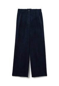 Marineblauwe corduroy broek met wijde pijpen, voorzien van een knoopsluiting, voorzakken en verticale ribbels.
