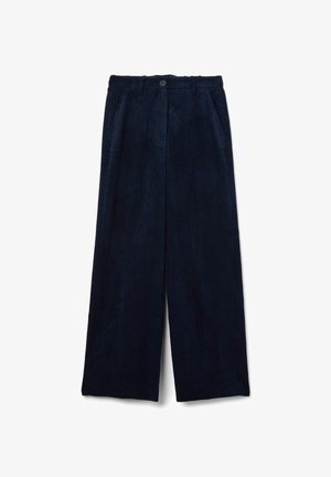 Marineblauwe corduroy broek met wijde pijpen, voorzien van een knoopsluiting, voorzakken en verticale ribbels.