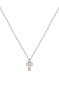 Collana in argento con pendente a forma di croce, dotato di un centro giallo e due pietre trasparenti. Finitura metallica liscia e linee pulite.