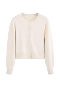 Cardigan en maille couleur crème avec manches longues, col rond et fermeture boutonnée à l'avant.