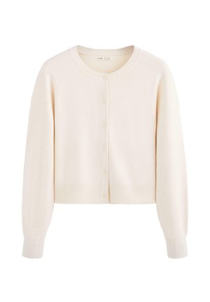 Cardigan lavorato a maglia color crema con maniche lunghe, scollo rotondo e chiusura frontale con bottoni.