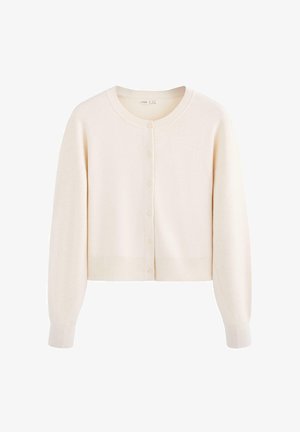 Krémovo sfarbený pletený kardigán s dlhými rukávmi, okrúhlym výstrihom a zapínaním na gombíky vpredu.