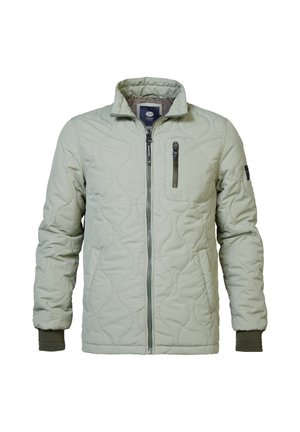 Steppjacke in hellgrün mit Stehkragen, Frontreißverschluss und einer Brusttasche. Verfügt über gerippte Bündchen und eine glatte Textur.