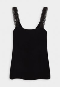 Camisola nera con spalline larghe a pizzo. Tessuto liscio con un taglio dritto e un orlo che si incurva leggermente ai bordi inferiori.