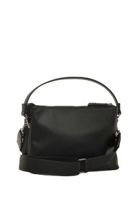 Borsa a tracolla in pelle nera con finitura testurizzata, manico superiore, tracolla regolabile e dettagli in metallo argentato. Presenta una chiusura con zip.