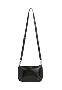Borsa a tracolla nera in pelle con una finitura testurizzata, dotata di borchie argentate negli angoli, tracolla regolabile e chiusura con zip.