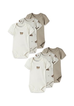 Sechs kurzärmelige Babybodys in Beige, Hellgrau mit Bärendrucken und Creme mit kleinem Bärengesicht vorne, in zwei Gruppen ausgelegt.
