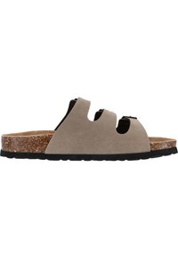 Grå mocka slide sandal med tre skärsträck, korkinlägg och svart gummiyttersula. Slät yta med en minimalistisk design.