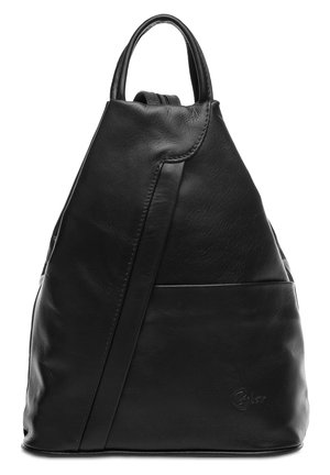 Black leather backpack with a unique triangular shape, featuring a top handle, side pocket, and stitched detailing. Smooth texture throughout.