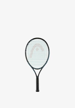 Tennisslaan met een zwart frame, blauwe accenten en een vierkante mesh-snarenspatroon. Heeft een gestructureerde zwarte grip voor een goede handling.