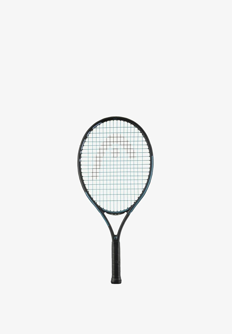 Tennisschläger mit schwarzem Rahmen, blauen Akzenten und quadratischem Netzmuster. Verfügt über einen strukturierten schwarzen Griff für besseren Halt.