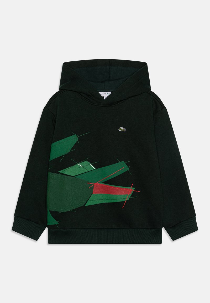 Schwarzer Hoodie mit einem grafischen Design in Grün und Rot. Weiches Material, Kängurutasche sowie gerippte Bündchen und Saum. Lacoste-Logo.