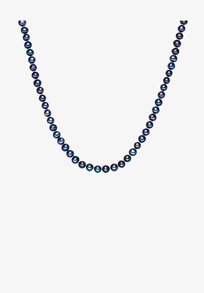 Schwarze und blaue Süßwasserperlenkette, bestehend aus runden Perlen mit glatter Textur und unterschiedlichen Farbtönen, gleichmäßig aufgereiht in einer durchgehenden Linie.