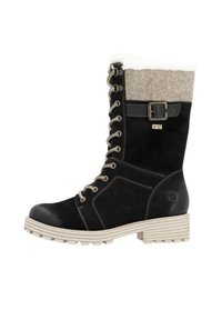 Black suede mid-calf boots with a gray felt cuff, metal buckle, and lace-up front. Features a textured white platform sole.