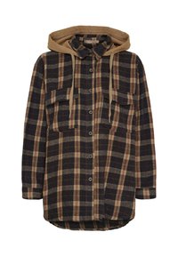 Skjorte med ternet mønster og en kamelhudshætte, med mørkeblå, beige og røde tern. To brystlommer og afrundet kant. Fremstillet af tekstureret stof.