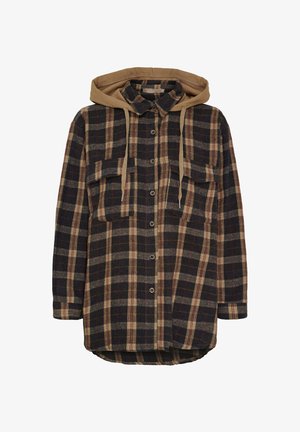 Skjorte med ternet mønster og en kamelhudshætte, med mørkeblå, beige og røde tern. To brystlommer og afrundet kant. Fremstillet af tekstureret stof.