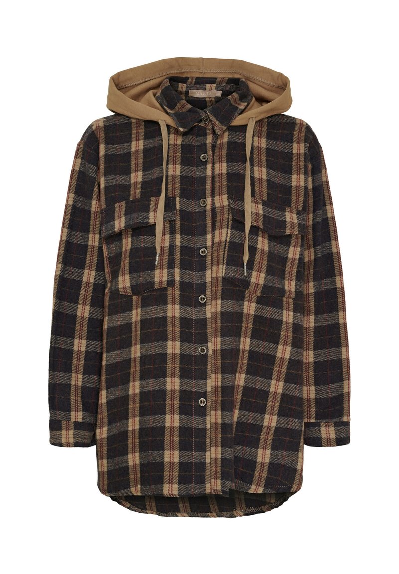 Skjorte med ternet mønster og en kamelhudshætte, med mørkeblå, beige og røde tern. To brystlommer og afrundet kant. Fremstillet af tekstureret stof.