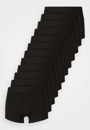Black boxer briefs in a pack, featuring a fitted design, elastic waistband with brand logo, and smooth texture. Thirteen pairs displayed.