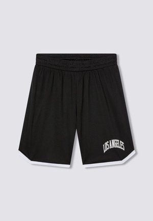 Czarne sportowe krótkie spodenki z siateczki z elastycznym paskiem w talii, białą lamówką na dole oraz napisem "Los Angeles" na białym tle na dolnej części prawej nogi.