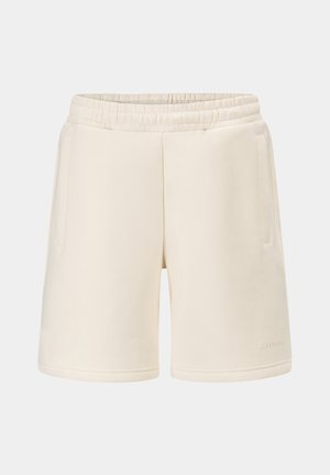Kremfargede shorts laget av myk stoff, med elastisk midje, to sidelommer og et minimalistisk design uten synlige mønstre.