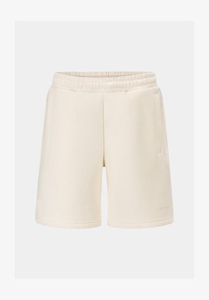 Kremfargede shorts laget av myk stoff, med elastisk midje, to sidelommer og et minimalistisk design uten synlige mønstre.