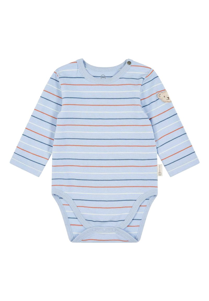 Langärmliger Baby-Body in Hellblau mit horizontalen Streifen in Rot, Marineblau und Gelb. Mit Druckverschluss und Bärchen-Patch.