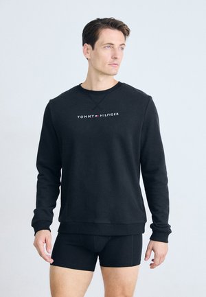 Črna kapuca s okroglim izrezom in dolgimi rokavi, ima rdeče in bele napise "TOMMY HILFIGER" na prsih. Gladka tekstura tkanine.