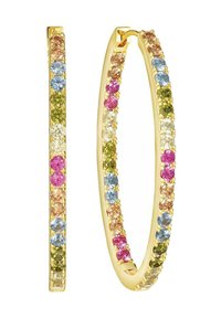 Orecchini ad anello in oro con una fila di pietre preziose colorate, tra cui rosa, blu e verde, incastonate in un design liscio e lucido.