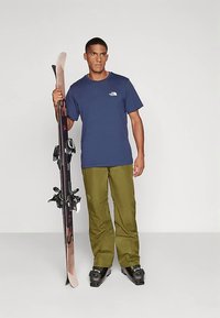 Modra majica s kratkimi rokavi, zelene smučarske hlače, črni smučarski čevlji, v rokah drži rjave in črne smuči. Na majici minimalna blagovna znamka. Nevtralno ozadje.