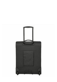 Black wheeled suitcase with a retractable handle, textured fabric, smooth wheels, and a front pocket for extra storage.