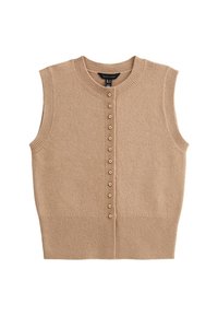 Béžová pletená vesta bez rukávů s kulatým výstřihem, zdobená zapínáním na knoflíky s malými zlatavými knoflíky a proužkovaným lemem.