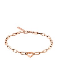Bracciale a catena in oro rosa con anelli intrecciati, un ciondolo a forma di cuore al centro e una piccola targhetta incisa con il logo del marchio.