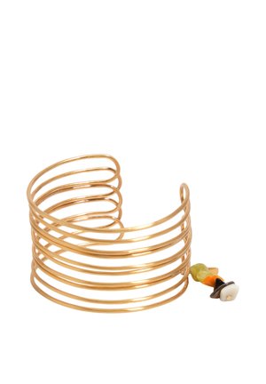 Gold-tone open cuff bracelet with multiple thin bands and a small cluster of multicolored beads at one end.